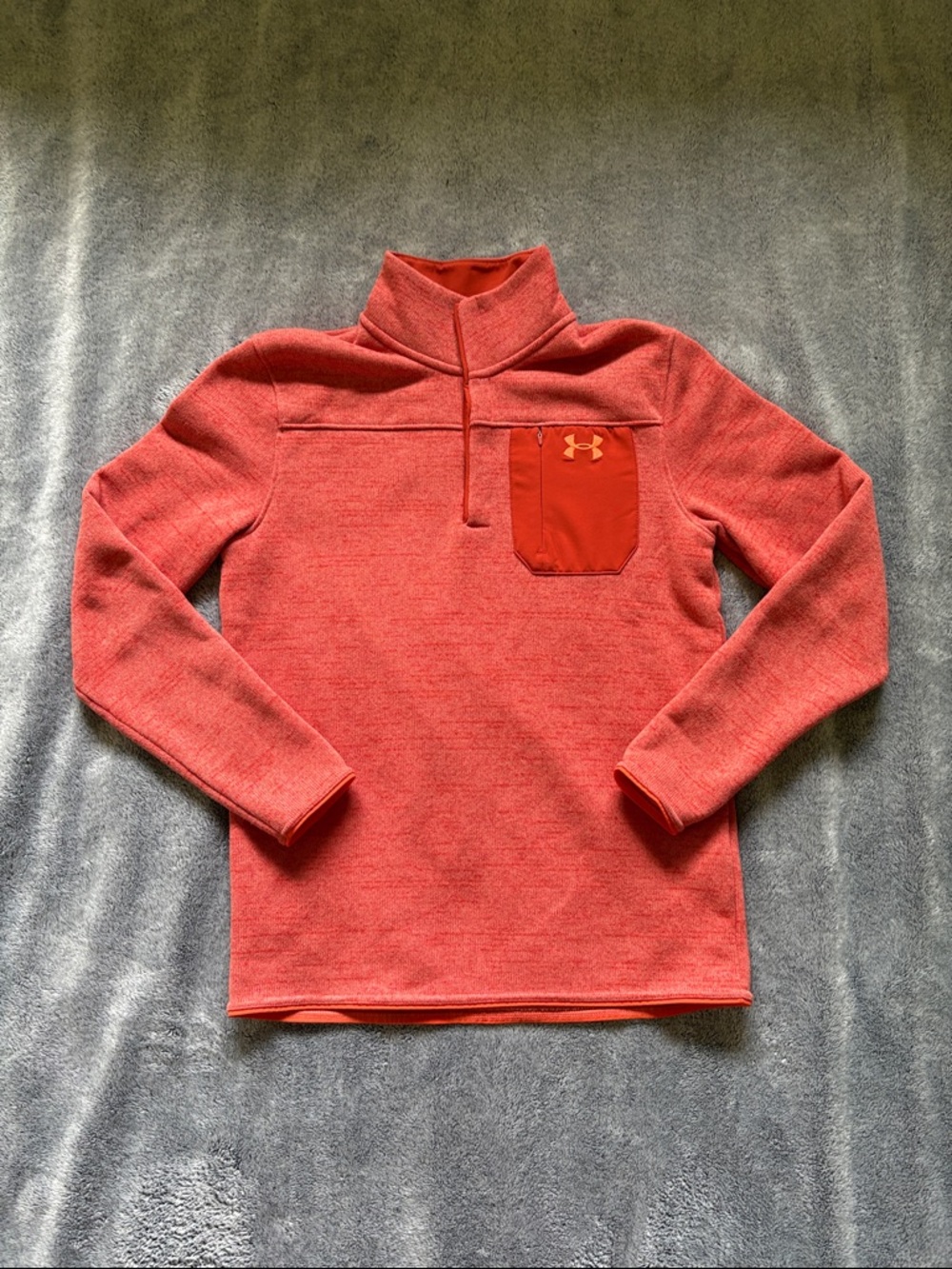 Under Armour Mens Small Coral Orange Mockneck Pullover | Chest Pocket Snap Close